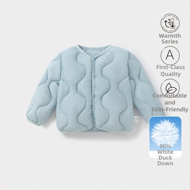 Gyerekeknek szóló pehelydzseki, uniszex, 81-85% fehér kacsa pehely, rövid fazon, laza illeszkedés, poliészter külső és bélés