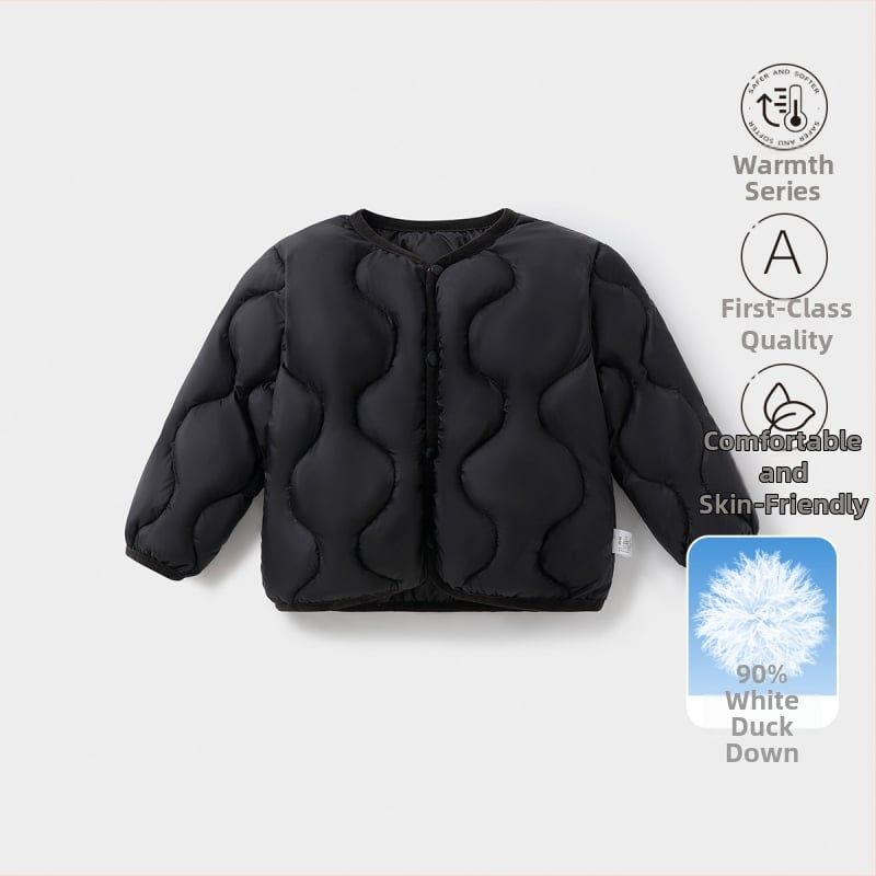 Gyerekeknek szóló pehelydzseki, uniszex, 81-85% fehér kacsa pehely, rövid fazon, laza illeszkedés, poliészter külső és bélés