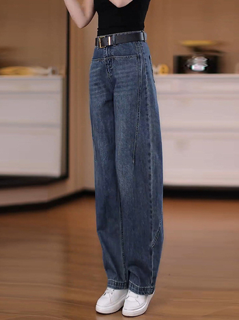 Farmernadrág szimitar siluettel, magas derekú, pamut–polyészter keverék, mikroelasztikusság, velúr felület – mindennapi egyenes szárú nadrág