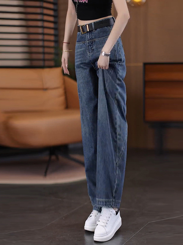 Farmernadrág szimitar siluettel, magas derekú, pamut–polyészter keverék, mikroelasztikusság, velúr felület – mindennapi egyenes szárú nadrág