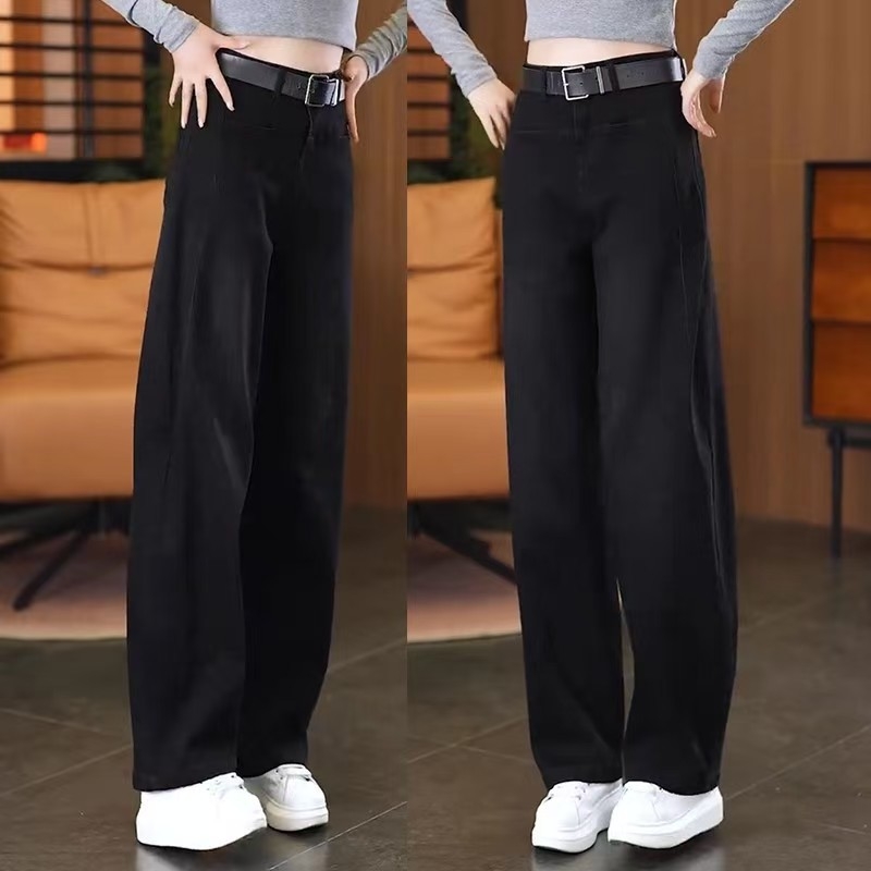 Farmernadrág szimitar siluettel, magas derekú, pamut–polyészter keverék, mikroelasztikusság, velúr felület – mindennapi egyenes szárú nadrág