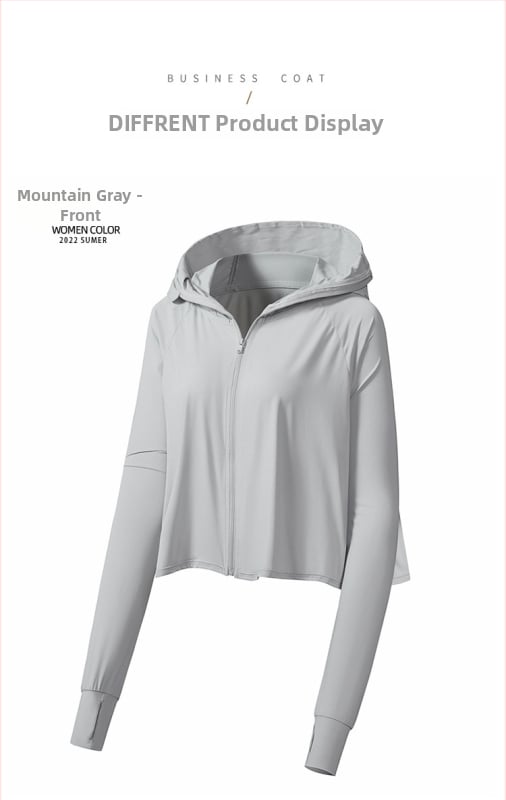 Jachetă cu glugă pentru protecție solară, țesătură subțire din nylon-spandex (88% nylon, 12% spandex), fermoar frontal, buzunare laterale