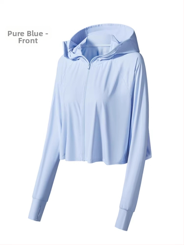 Jachetă cu glugă pentru protecție solară, țesătură subțire din nylon-spandex (88% nylon, 12% spandex), fermoar frontal, buzunare laterale