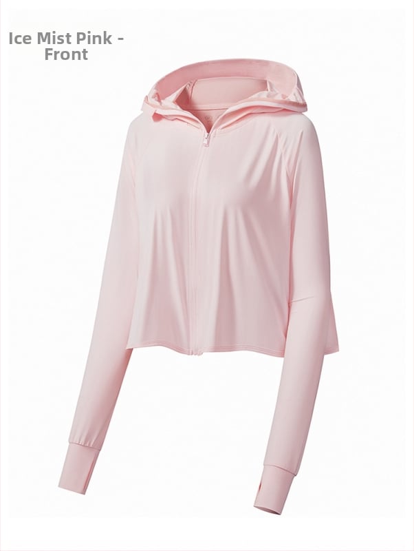 Jachetă cu glugă pentru protecție solară, țesătură subțire din nylon-spandex (88% nylon, 12% spandex), fermoar frontal, buzunare laterale