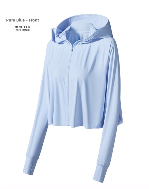 Jachetă cu glugă pentru protecție solară, țesătură subțire din nylon-spandex (88% nylon, 12% spandex), fermoar frontal, buzunare laterale