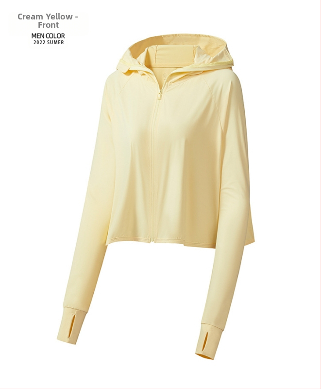 Jachetă cu glugă pentru protecție solară, țesătură subțire din nylon-spandex (88% nylon, 12% spandex), fermoar frontal, buzunare laterale
