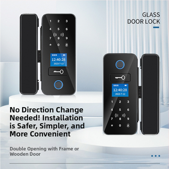 Încuietoare cu amprentă pentru ușă de sticlă, cu Bluetooth, fără cadru, fără găuri, pentru uși dublă sau simplă, cu parolă de birou și cheie (Stocare amprente 1,000; cicluri de deblocare >100,000; viața serviciu 1,000,000; falșă recunoaștere <5.1%)