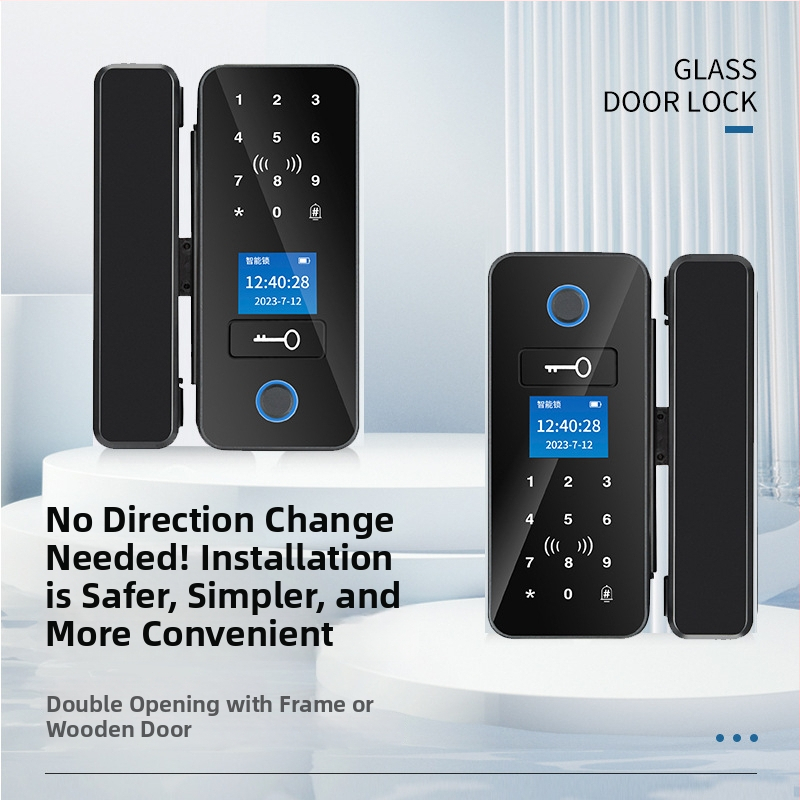 Încuietoare cu amprentă pentru ușă de sticlă, cu Bluetooth, fără cadru, fără găuri, pentru uși dublă sau simplă, cu parolă de birou și cheie (Stocare amprente 1,000; cicluri de deblocare >100,000; viața serviciu 1,000,000; falșă recunoaștere <5.1%)
