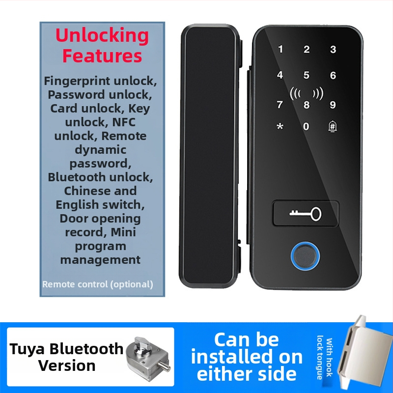 Încuietoare cu amprentă pentru ușă de sticlă, cu Bluetooth, fără cadru, fără găuri, pentru uși dublă sau simplă, cu parolă de birou și cheie (Stocare amprente 1,000; cicluri de deblocare >100,000; viața serviciu 1,000,000; falșă recunoaștere <5.1%)