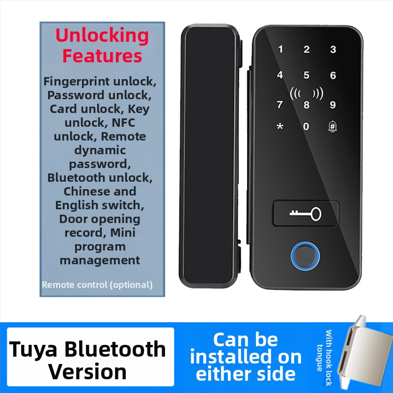 Încuietoare cu amprentă pentru ușă de sticlă, cu Bluetooth, fără cadru, fără găuri, pentru uși dublă sau simplă, cu parolă de birou și cheie (Stocare amprente 1,000; cicluri de deblocare >100,000; viața serviciu 1,000,000; falșă recunoaștere <5.1%)