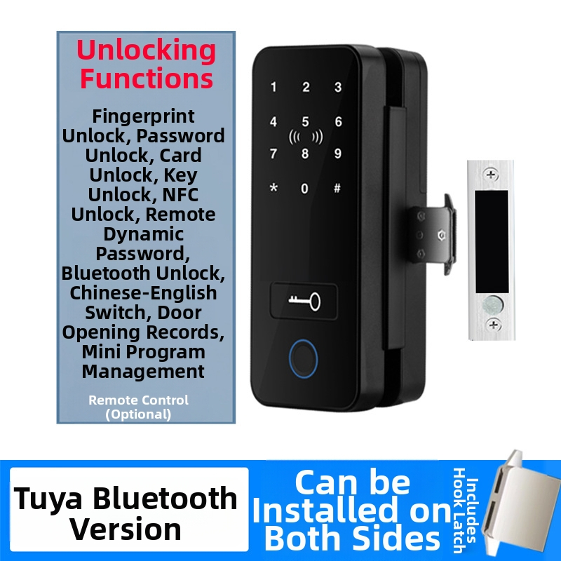 Încuietoare cu amprentă pentru ușă de sticlă, cu Bluetooth, fără cadru, fără găuri, pentru uși dublă sau simplă, cu parolă de birou și cheie (Stocare amprente 1,000; cicluri de deblocare >100,000; viața serviciu 1,000,000; falșă recunoaștere <5.1%)