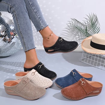 Женски мюли с клиновиден ток, патент кожа, закръглен нос, височина на тока 6–8 см, дебела подметка 3–6 см, лято 2026