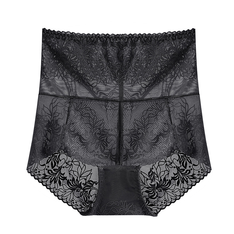 Női magas derekú csipkés fehérnemű, virágmintás jacquard, nylon 90–95%, pamut belső bélés, légáteresztő hasi támogatás