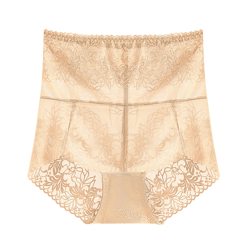 Női magas derekú csipkés fehérnemű, virágmintás jacquard, nylon 90–95%, pamut belső bélés, légáteresztő hasi támogatás