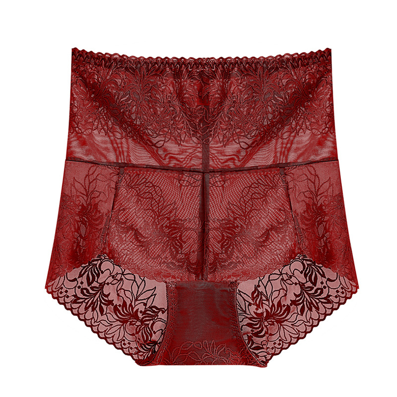 Női magas derekú csipkés fehérnemű, virágmintás jacquard, nylon 90–95%, pamut belső bélés, légáteresztő hasi támogatás