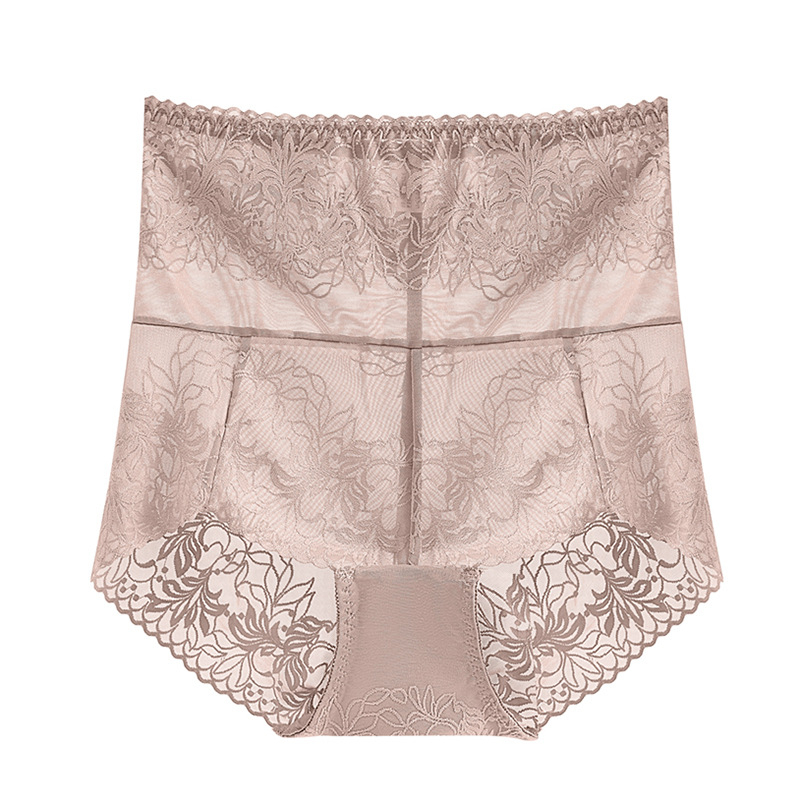 Női magas derekú csipkés fehérnemű, virágmintás jacquard, nylon 90–95%, pamut belső bélés, légáteresztő hasi támogatás