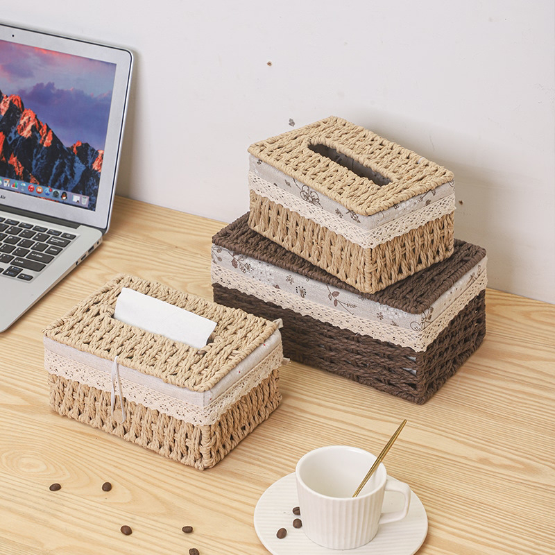 Többfunkciós asztali papírzsebkendő-doboz – kézzel fonott, fűzfa/szalma/bambusz anyagból, asztali, pásztor-stílusú, nappaliba