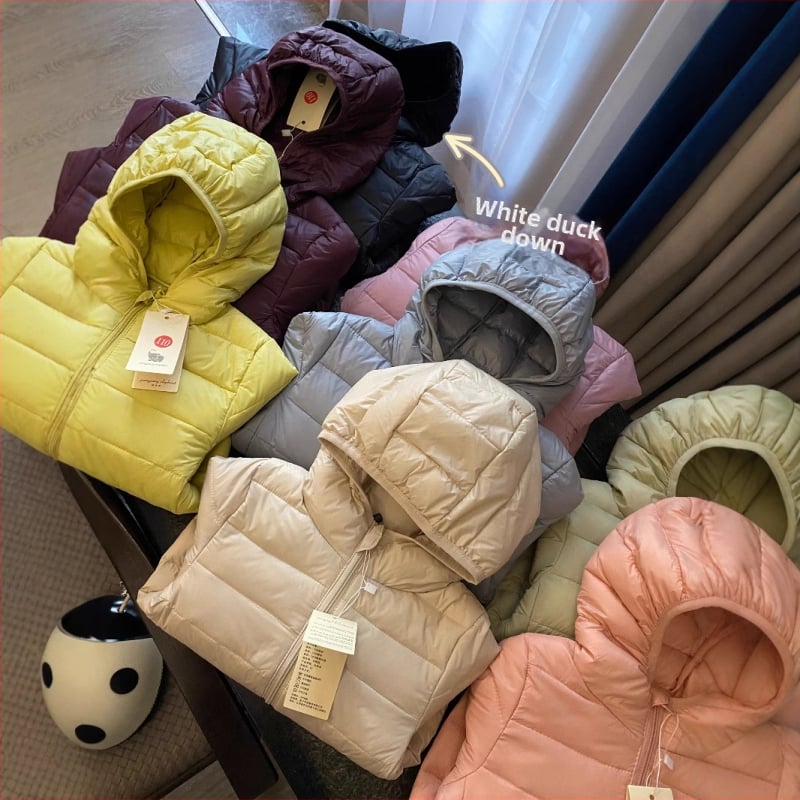 Koreai stílusú gyerek pehelydzseki, nylon külső, pamut bélés, kacsa pehelytöltés, újszülötteknek