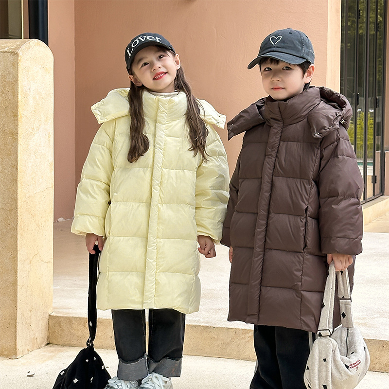 Gyerekeknek készült kapucnis tollkabát középméretű, koreai stílusú, fehér kacsa tollal töltve