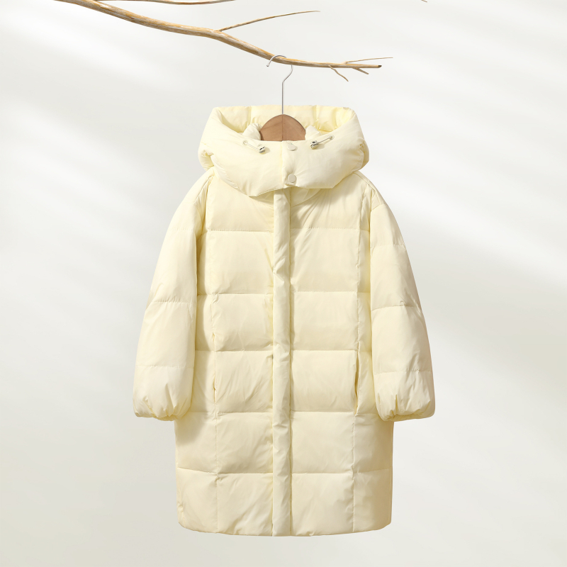 Gyerekeknek készült kapucnis tollkabát középméretű, koreai stílusú, fehér kacsa tollal töltve
