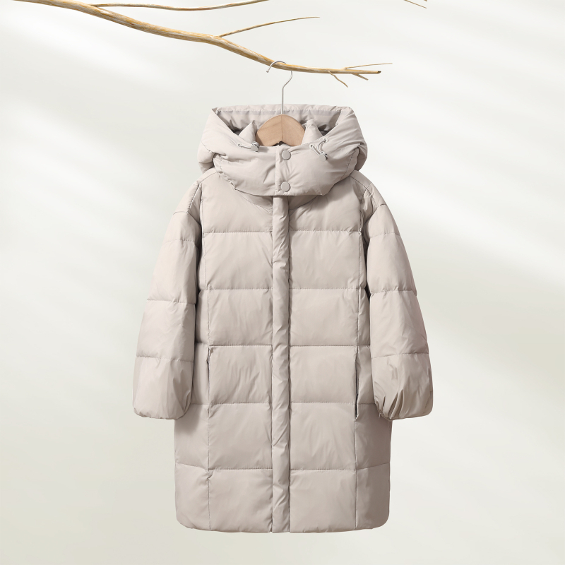 Gyerekeknek készült kapucnis tollkabát középméretű, koreai stílusú, fehér kacsa tollal töltve