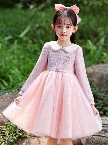 Φόρεμα κοριτσιών με στυλ πριγκίπισσας, διχτυωτό ύφασμα, βασικό ύφασμα πολυεστέρας 81–90%, επένδυση βαμβάκι 60–70%, φούστα τύπου Α-γραμμή, φθινόπωρο 2025.
