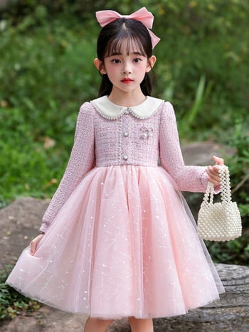 Φόρεμα κοριτσιών με στυλ πριγκίπισσας, διχτυωτό ύφασμα, βασικό ύφασμα πολυεστέρας 81–90%, επένδυση βαμβάκι 60–70%, φούστα τύπου Α-γραμμή, φθινόπωρο 2025.