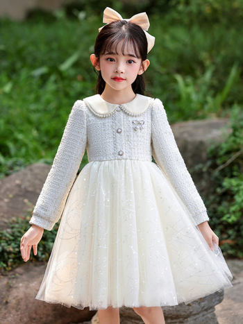 Φόρεμα κοριτσιών με στυλ πριγκίπισσας, διχτυωτό ύφασμα, βασικό ύφασμα πολυεστέρας 81–90%, επένδυση βαμβάκι 60–70%, φούστα τύπου Α-γραμμή, φθινόπωρο 2025.