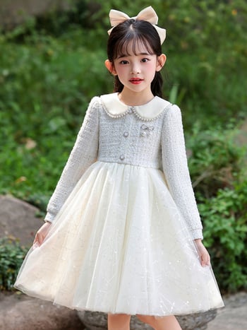 Φόρεμα κοριτσιών με στυλ πριγκίπισσας, διχτυωτό ύφασμα, βασικό ύφασμα πολυεστέρας 81–90%, επένδυση βαμβάκι 60–70%, φούστα τύπου Α-γραμμή, φθινόπωρο 2025.