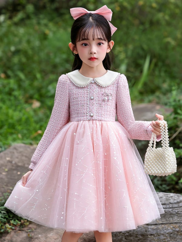 Φόρεμα κοριτσιών με στυλ πριγκίπισσας, διχτυωτό ύφασμα, βασικό ύφασμα πολυεστέρας 81–90%, επένδυση βαμβάκι 60–70%, φούστα τύπου Α-γραμμή, φθινόπωρο 2025.