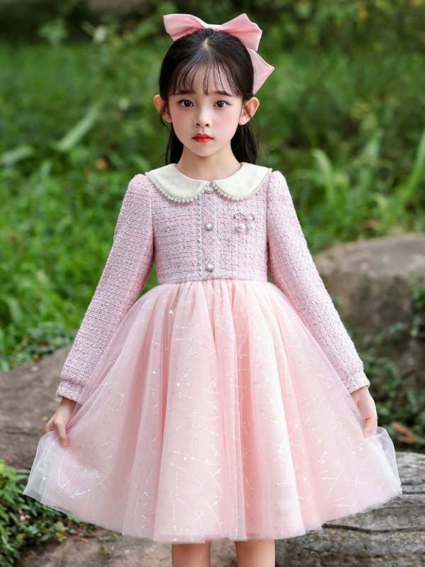 Φόρεμα κοριτσιών με στυλ πριγκίπισσας, διχτυωτό ύφασμα, βασικό ύφασμα πολυεστέρας 81–90%, επένδυση βαμβάκι 60–70%, φούστα τύπου Α-γραμμή, φθινόπωρο 2025.