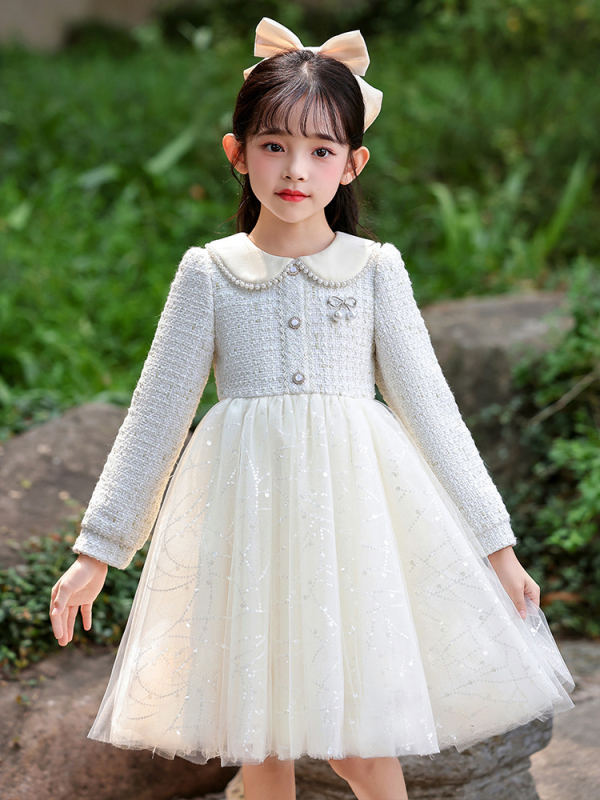 Φόρεμα κοριτσιών με στυλ πριγκίπισσας, διχτυωτό ύφασμα, βασικό ύφασμα πολυεστέρας 81–90%, επένδυση βαμβάκι 60–70%, φούστα τύπου Α-γραμμή, φθινόπωρο 2025.
