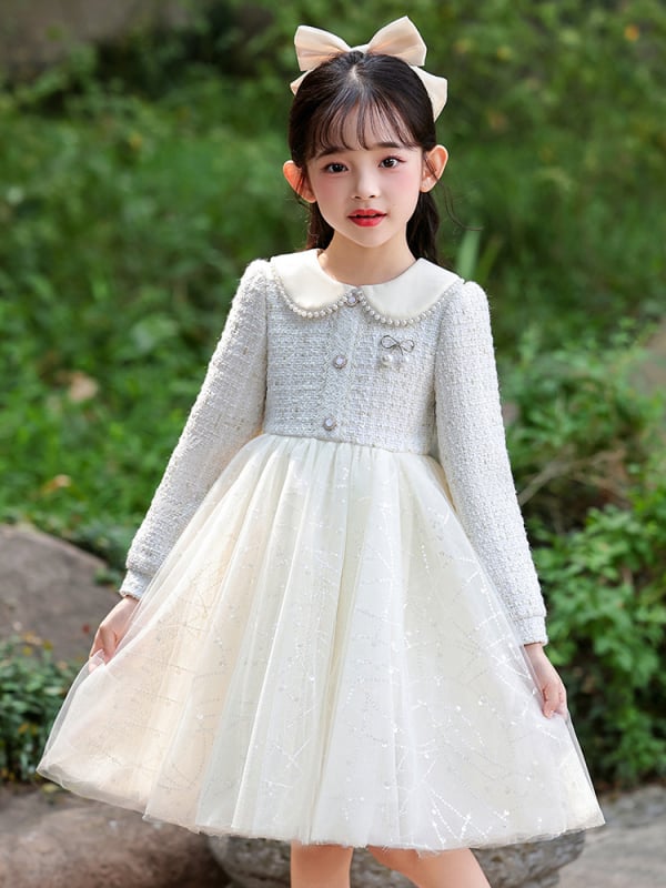 Φόρεμα κοριτσιών με στυλ πριγκίπισσας, διχτυωτό ύφασμα, βασικό ύφασμα πολυεστέρας 81–90%, επένδυση βαμβάκι 60–70%, φούστα τύπου Α-γραμμή, φθινόπωρο 2025.