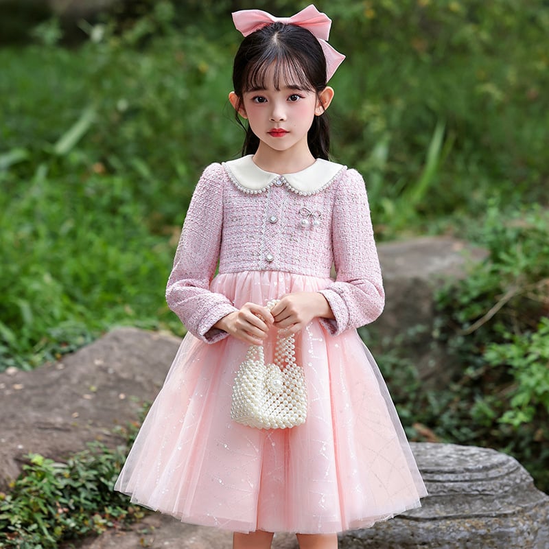 Φόρεμα κοριτσιών με στυλ πριγκίπισσας, διχτυωτό ύφασμα, βασικό ύφασμα πολυεστέρας 81–90%, επένδυση βαμβάκι 60–70%, φούστα τύπου Α-γραμμή, φθινόπωρο 2025.