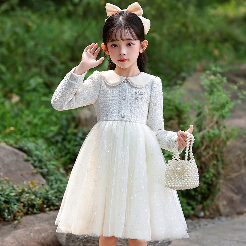 Φόρεμα κοριτσιών με στυλ πριγκίπισσας, διχτυωτό ύφασμα, βασικό ύφασμα πολυεστέρας 81–90%, επένδυση βαμβάκι 60–70%, φούστα τύπου Α-γραμμή, φθινόπωρο 2025.