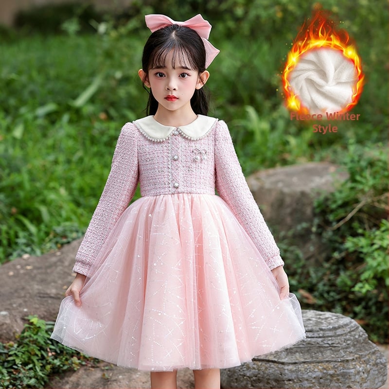 Φόρεμα κοριτσιών με στυλ πριγκίπισσας, διχτυωτό ύφασμα, βασικό ύφασμα πολυεστέρας 81–90%, επένδυση βαμβάκι 60–70%, φούστα τύπου Α-γραμμή, φθινόπωρο 2025.