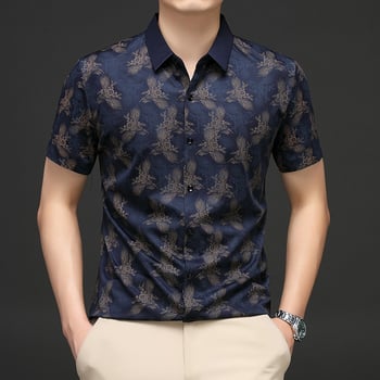 Риза с яка лафел, къс ръкав, полиестерова смесена тъкан, дигитален принт с модел разкъсани цветя, летен модел 2025