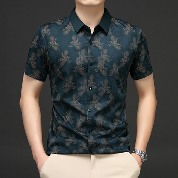 Риза с яка лафел, къс ръкав, полиестерова смесена тъкан, дигитален принт с модел разкъсани цветя, летен модел 2025