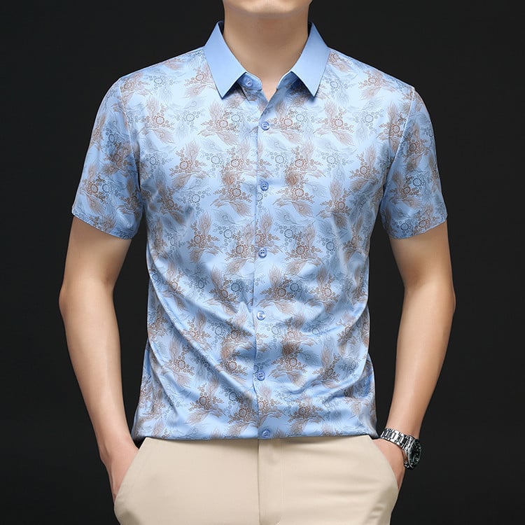 Риза с яка лафел, къс ръкав, полиестерова смесена тъкан, дигитален принт с модел разкъсани цветя, летен модел 2025