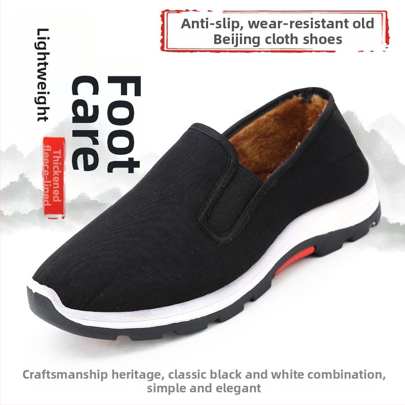 Παντόφλες από ύφασμα σε στυλ Παλιού Πεκίνου, με επένδυση φλίς, χειμερινά ζεστά παπούτσια για άνδρες, σόλα καουτσούκ, αντιολισθητικά