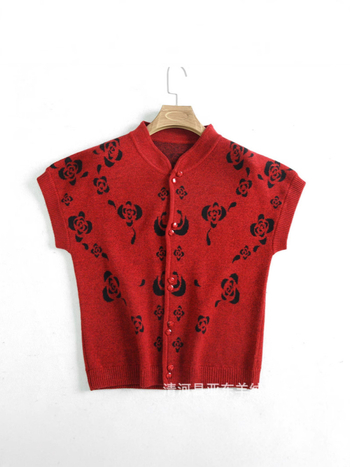 Vestă de lână pentru femei, cardigan în stil de navetă - Model floral - Guler staționar - nasturi în față - Lână 50-70%