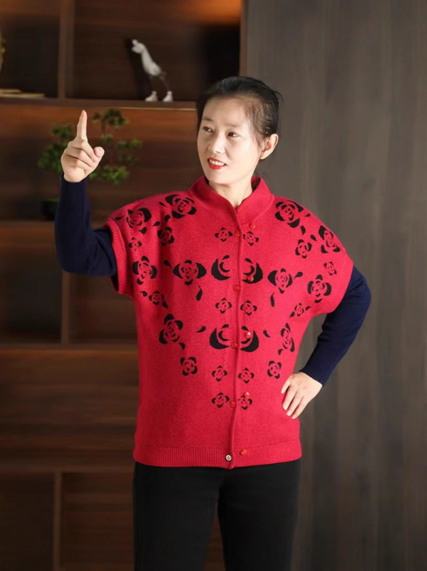 Vestă de lână pentru femei, cardigan în stil de navetă - Model floral - Guler staționar - nasturi în față - Lână 50-70%