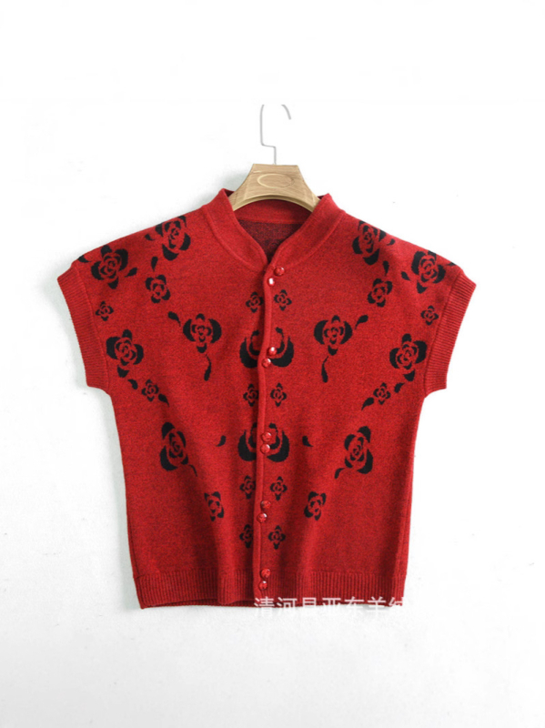 Vestă de lână pentru femei, cardigan în stil de navetă - Model floral - Guler staționar - nasturi în față - Lână 50-70%