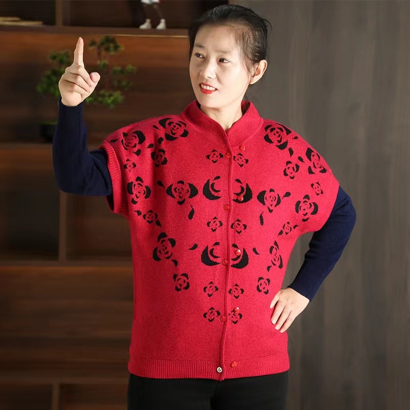 Vestă de lână pentru femei, cardigan în stil de navetă - Model floral - Guler staționar - nasturi în față - Lână 50-70%