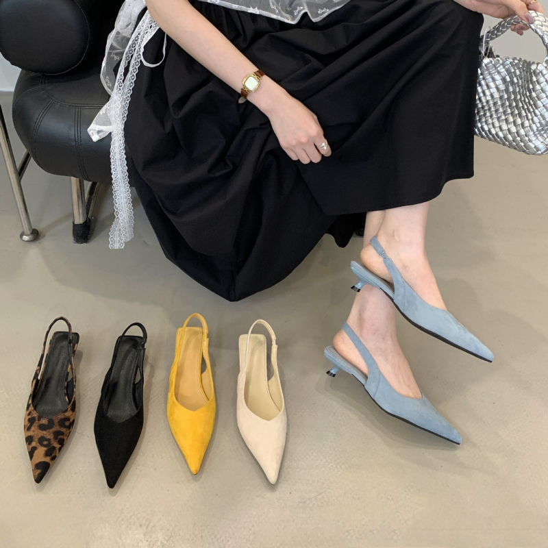 Sandale pentru femei cu partea superioară PU, vârf ascuțit, toc cui stil, primăvara 2025, talpă din cauciuc, pentru tineri