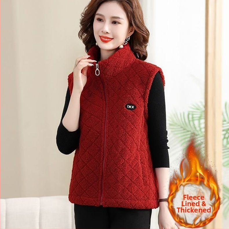 Vest de catifea granulară pentru femei, croială Slim, căptușeală din fleece, guler half-turtleneck, fermoar, poliester 95%+