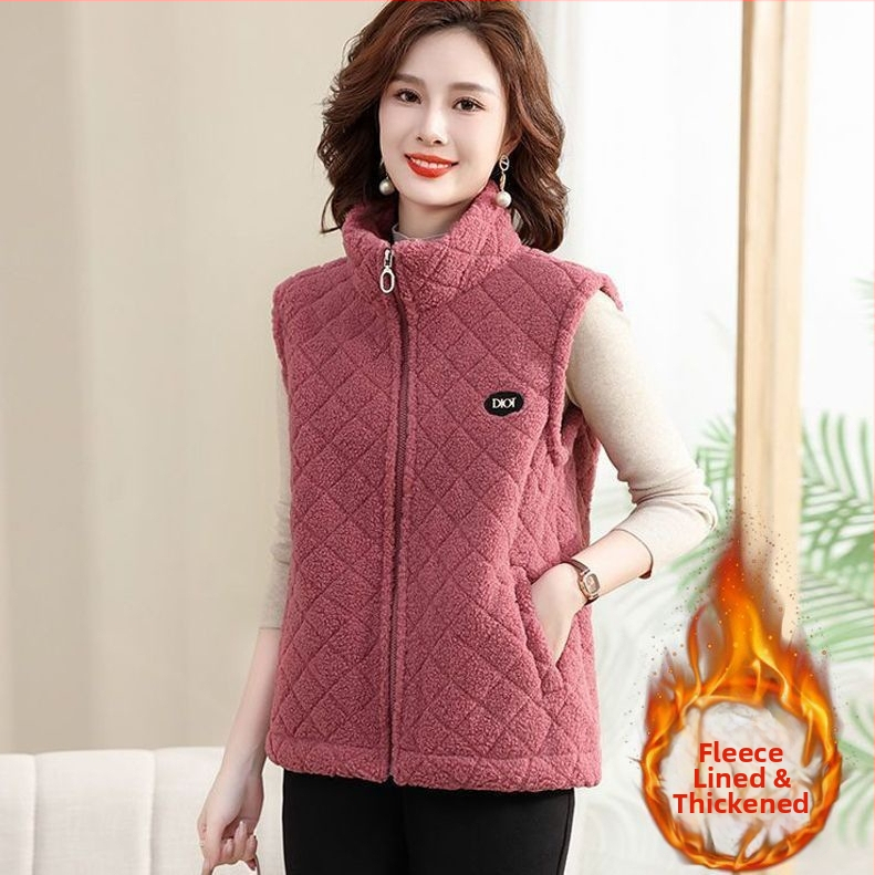 Vest de catifea granulară pentru femei, croială Slim, căptușeală din fleece, guler half-turtleneck, fermoar, poliester 95%+