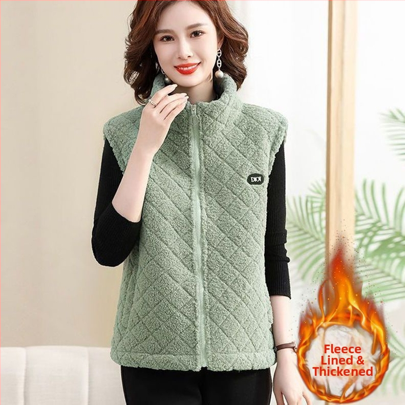 Vest de catifea granulară pentru femei, croială Slim, căptușeală din fleece, guler half-turtleneck, fermoar, poliester 95%+