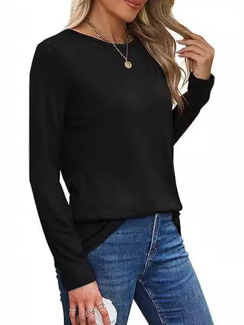 Top lejer cu mâneci lungi, guler rotund, țesătură Milk Silk, poliester 95%+, model solid, lungime normală (50–65 cm), stil casual coreean-japonez, lansare toamnă 2024