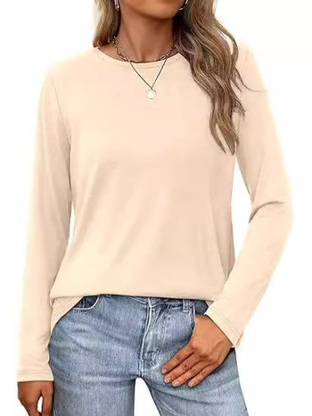 Top lejer cu mâneci lungi, guler rotund, țesătură Milk Silk, poliester 95%+, model solid, lungime normală (50–65 cm), stil casual coreean-japonez, lansare toamnă 2024